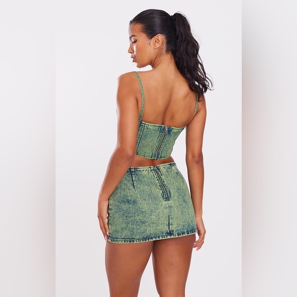 PrettyLittleThing Green Tint Vintage Wash Curved Hem Denim Corset Top Size 2 - Picture 3 of 7